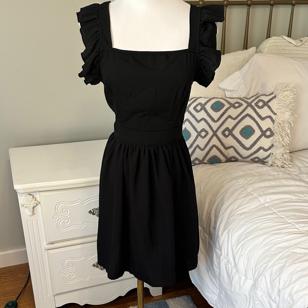 Little Black Flutter Sleeve Dress Minimalist Capsule Summer Size Small